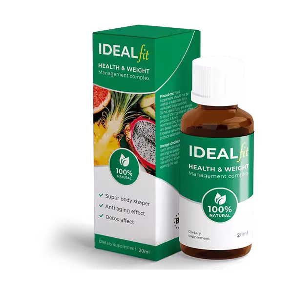 IDEALfit gotas para el control del peso frasco y caja del suplemento natural